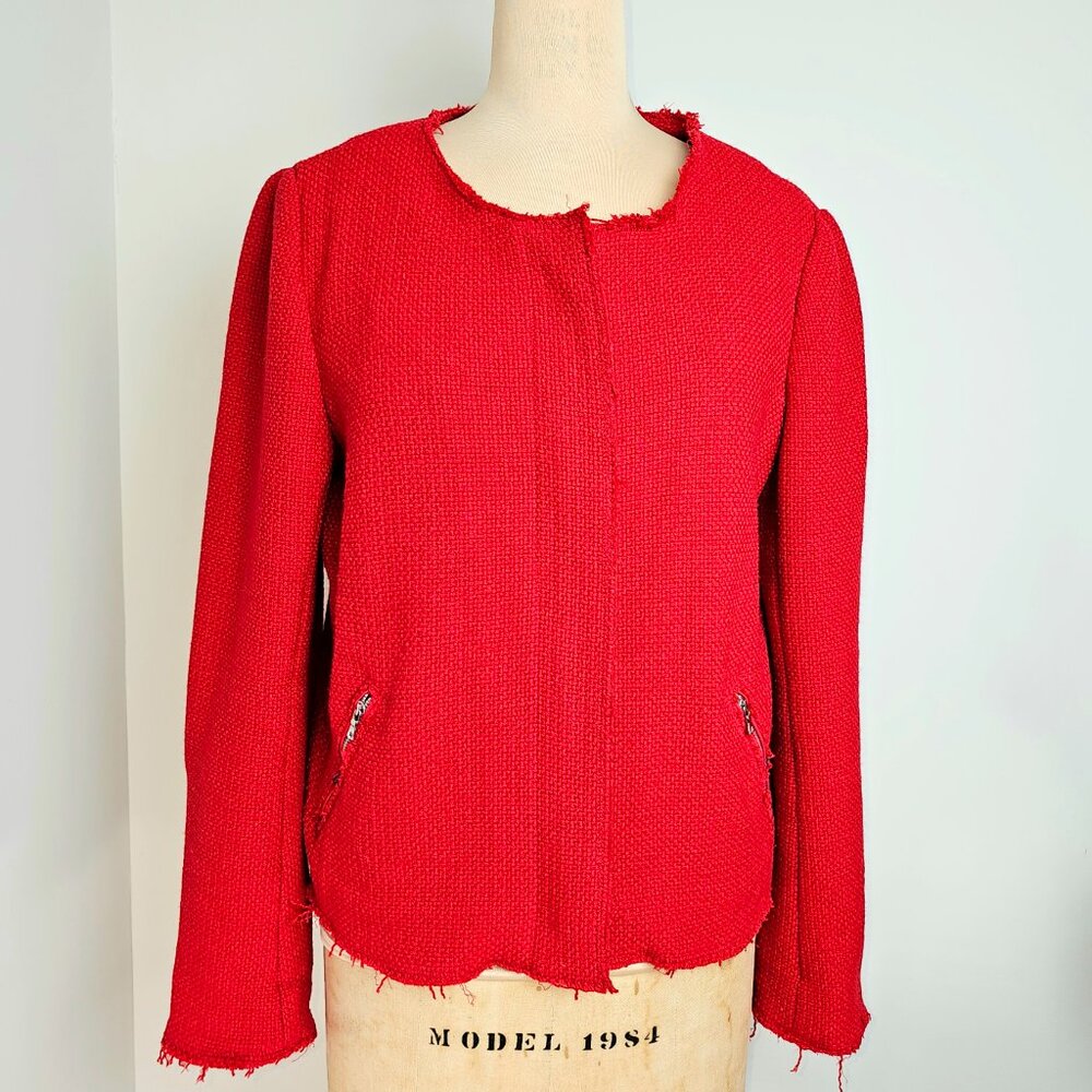Gap Red Textured Moto Jacket Raw Edge Cropped Size 12 - Picture 6 of 13
